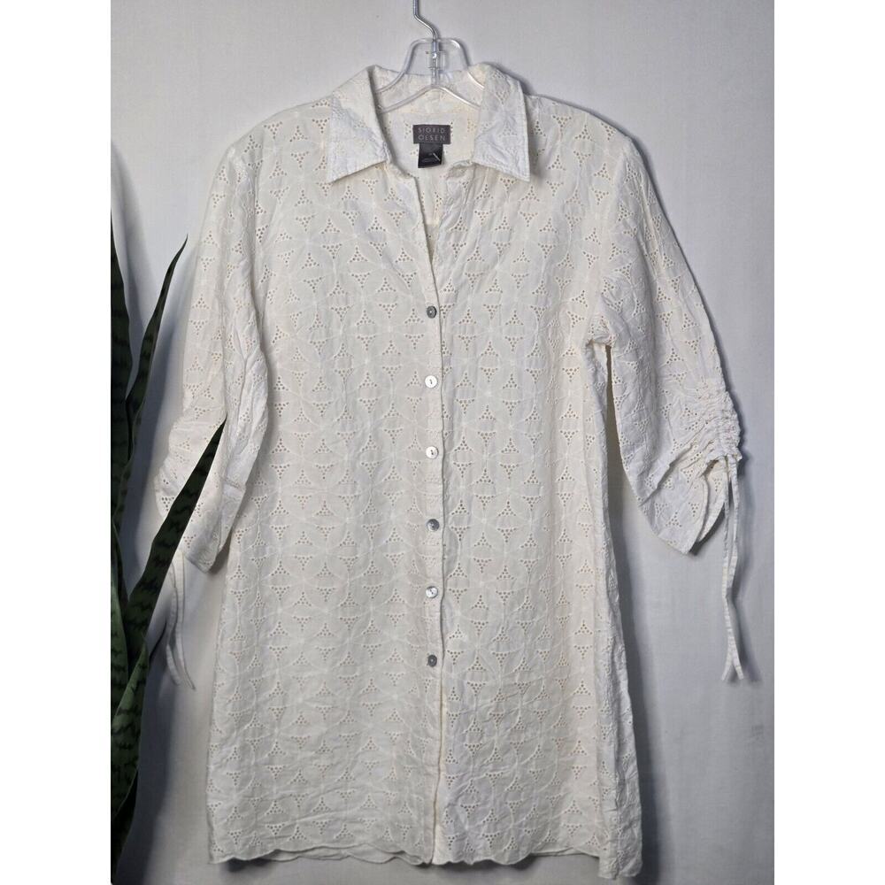 Sigrid Olsen Eyelet Embroidered Shirt Womens Medium White 3/4 Sleeve Button Up